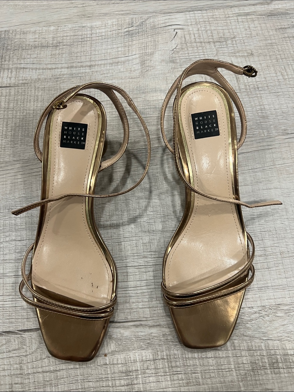 White House Black Market Rose Gold Strappy Square-Toe Heels